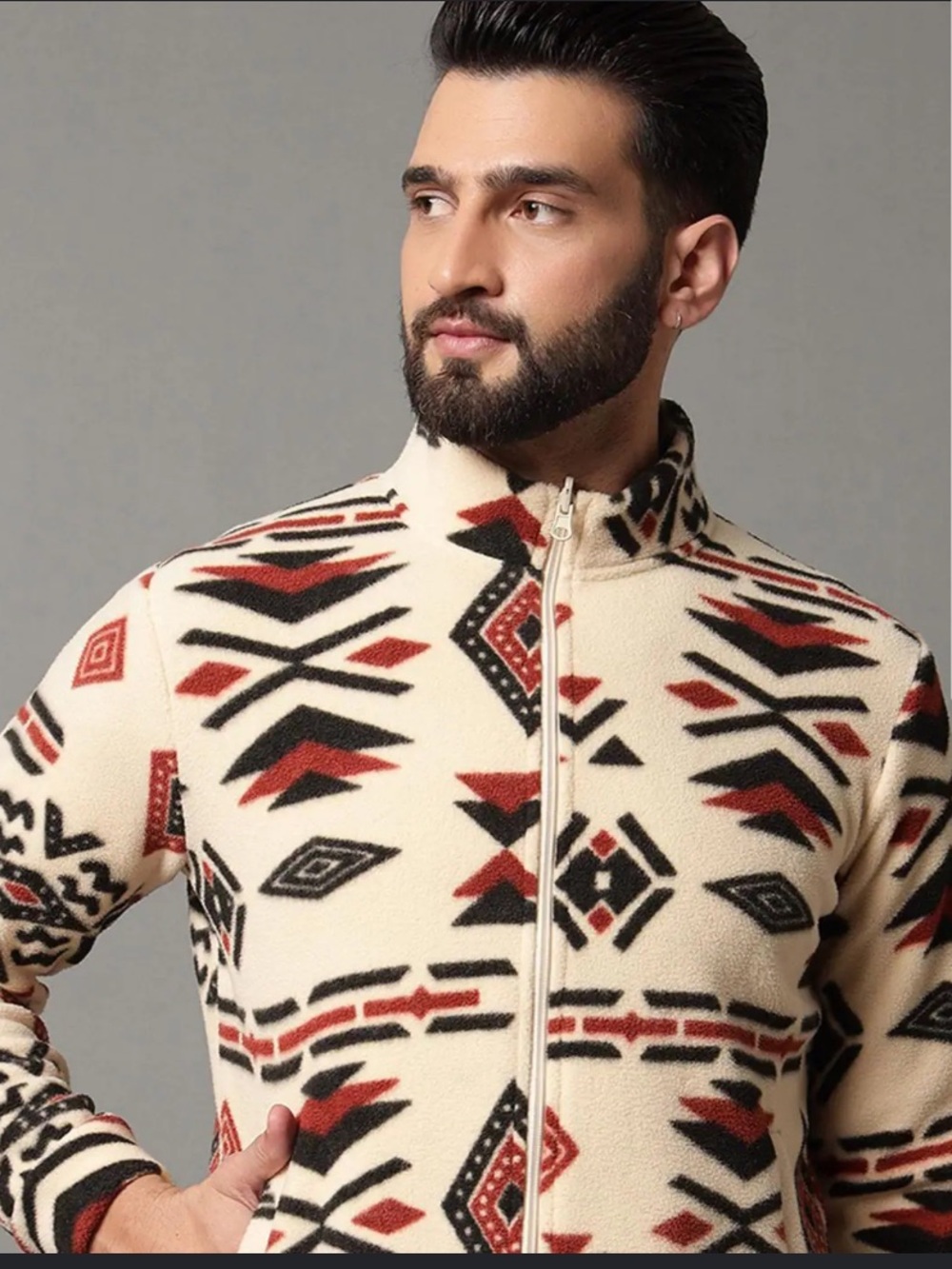 Cream Aztec Sherpa Zip-Up Jacket with Red & Black Pattern